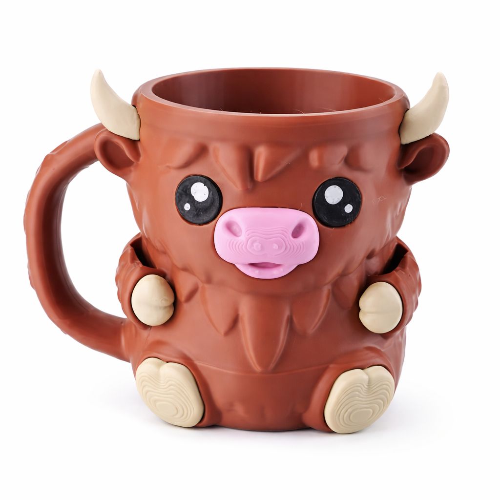 Brown Highland cow Ice Cream Hug Mug with cream horns, pink nose, decorative paws and built-in handle